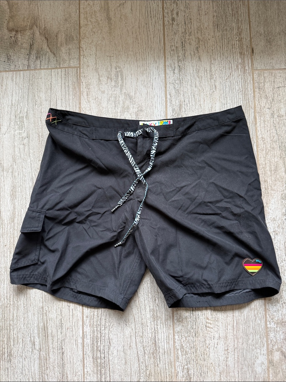 Roxy Black Swim Board Shorts with Rainbow Heart Patch